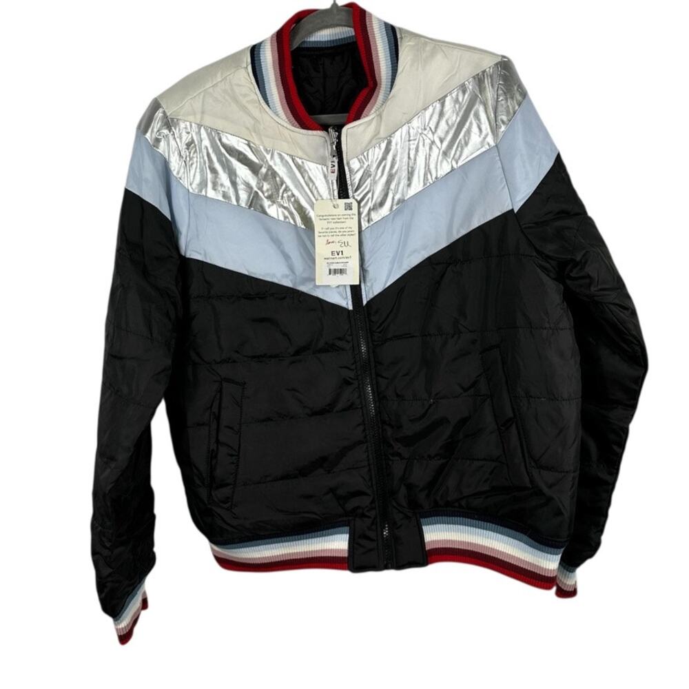 EV1 Black Blue Cream Silver Puffer Coat Large
